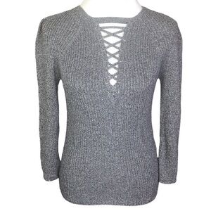 NEW Express Lace Up Sexy 3/4 Stretchy Sweater Marled Size Medium Black White